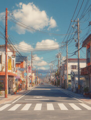 Fototapeta premium AI-generated image of a peaceful suburban Japanese street with vintage tones, tangled power lines, and a soft blue sky.