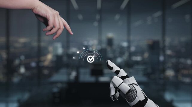 A robotic hand interacts with a futuristic digital interface showcasing various icons in a modern office setting, emphasizing themes of technology and innovation. Auvana