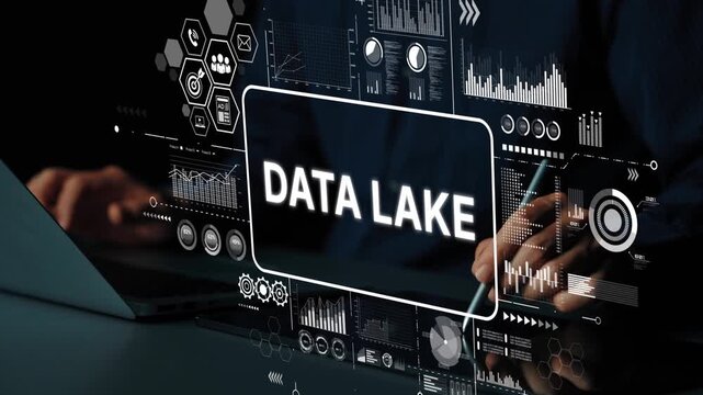 Modern Data Lake Concept for Big Data Management with Visual Graphs and Charts Displayed on a Digital Interface. Asymptotic smart data analytic.