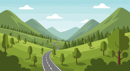 Winding Road Through Lush Green Mountain Valley Landscape. © Ahyar