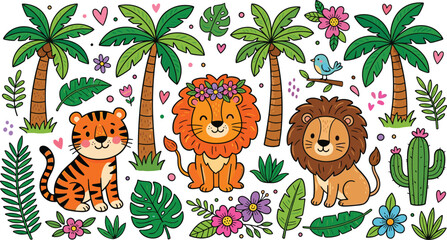 Naklejka premium Adorable Safari Animal Vector Set Featuring Cute Lion and Tiger Characters with Tropical Palm Trees, Monstera Leaves, and Flowers for Nursery Decor and Kids Designs