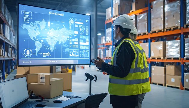 Man in warehouse with global map.