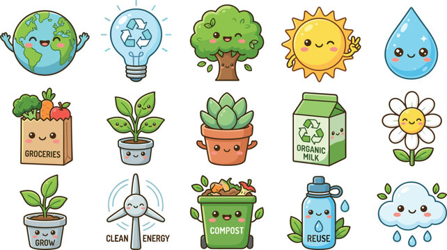 Cute Hand-Drawn Eco-Friendly and Sustainability Icons Featuring Recycling, Clean Energy, Organic Products, and Nature Symbols