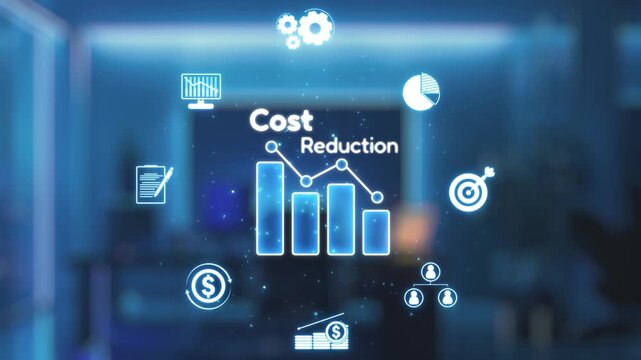 A robotic arm points to a digital display showcasing cost reduction strategies with graphs and icons in a sleek office setting, highlighting innovation and technology. Auvana