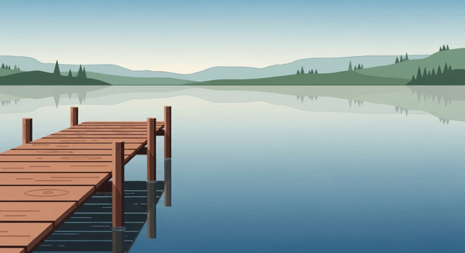 Wooden pier extending into calm lake water.