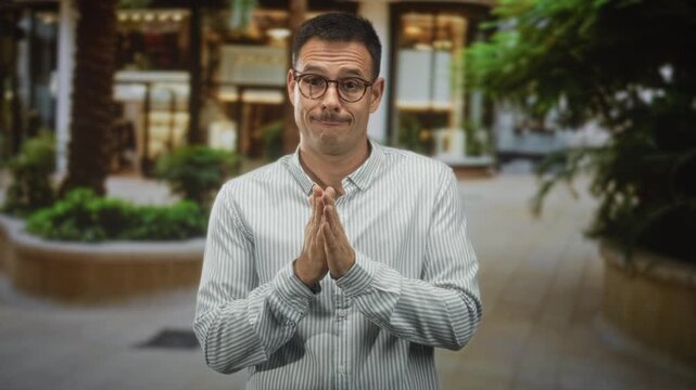 Man with mustache and glasses in striped shirt holds open palms and gently shrugs in building; uncertainty.