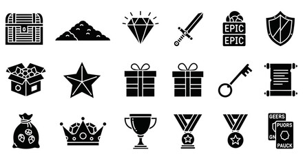 A grid of 20 black silhouette icons depicting treasure rewards and game elements © Julian Vance