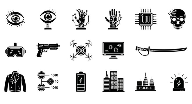 A black and white icon set depicting cyberpunk and technology themes