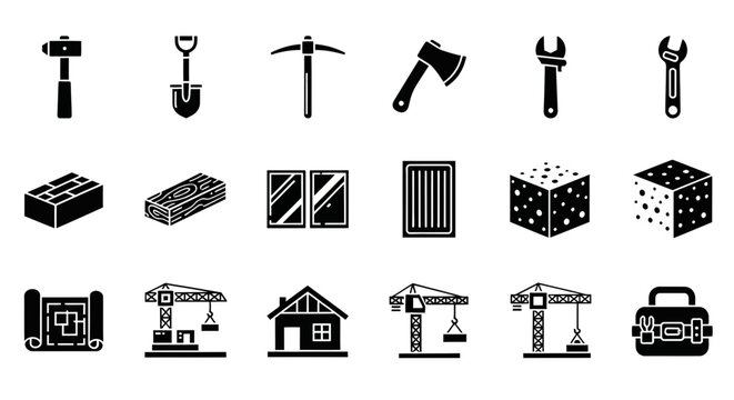 A collection of black construction and building tool icons arranged in a 3x7 grid