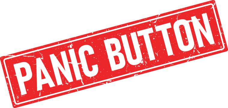 Red grunge rubber stamp featuring white distressed text PANIC BUTTON angled on white