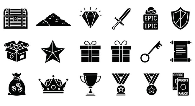 A grid of 20 black silhouette icons depicting treasure rewards and game elements