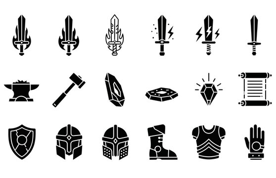 A grid of black silhouette icons representing fantasy or medieval items like swords armor and gems