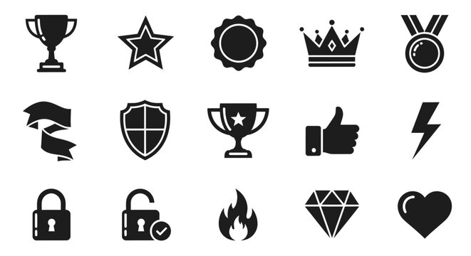 Fifteen black silhouette icons arranged in three rows of five depicting awards security and status symbols