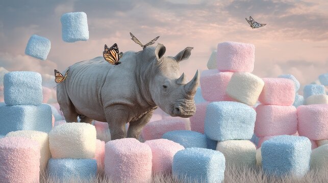 Whimsical rhinoceros adorned with butterfly wings, hovering amidst a pastel marshmallow landscape at dawn