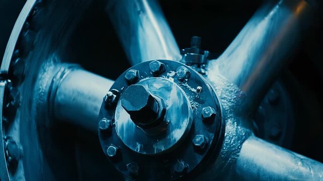 Industrial gearing of a large machine showcasing a robust metal structure with bolts and a central shaft, tinted with a monochrome blue, symbolizing mechanical power and engineering