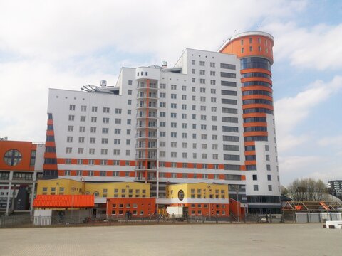 Modern building of BSU Student Dormitory number 4 on Ciurlionisa Street in University Village, Minsk, Belarus, 2014 