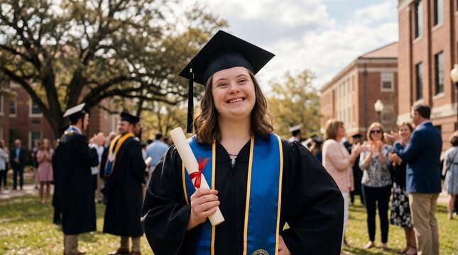 Young woman with down syndrome graduating university receiving diploma