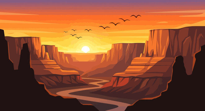Majestic Grand Canyon at Sunset with Winding River Below.