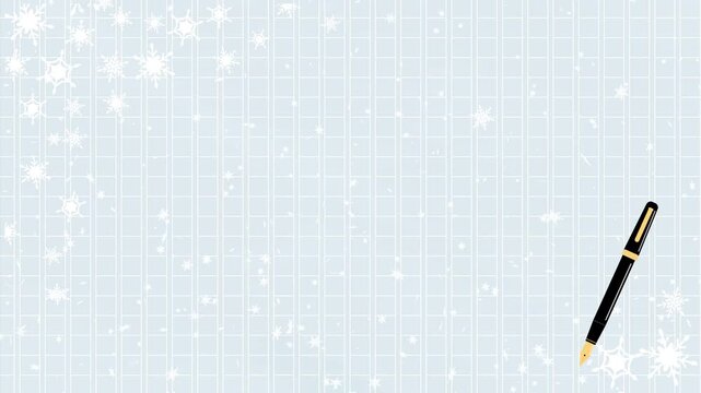 冬：万年筆が動いて雪の結晶と降雪が原稿用紙を彩る背景イラストフルフレームビデオ冬,雪,結晶,冬休み,動く,降雪,降りしきる,彩る,
全面,原稿用紙,万年筆,イラスト,原稿,文字,ライター,小説家,学生,作文,感想文,コンクール,文集,小論文,手書き,文学,執筆,用紙,文筆,素材,テンプレート,フレーム,バックグラウンド,書く,ペン,筆記具,作家,仕事,手紙,メッセージ,コピースペース,方眼,ノート