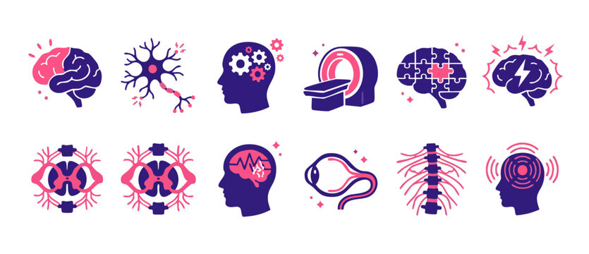 Neurology Brain Icons Set Medical Diagnostics Healthcare Symbols for Neurology Research, Neuroscience Study, Brain Health, Cognitive Function, Mental Wellness, Nervous System Analysis, Clinical Vector