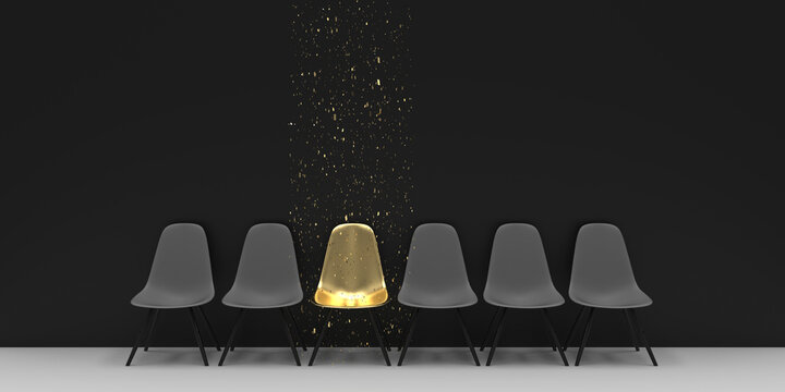 stand out golden success chair surrounded by golden tinsel  in a waiting room