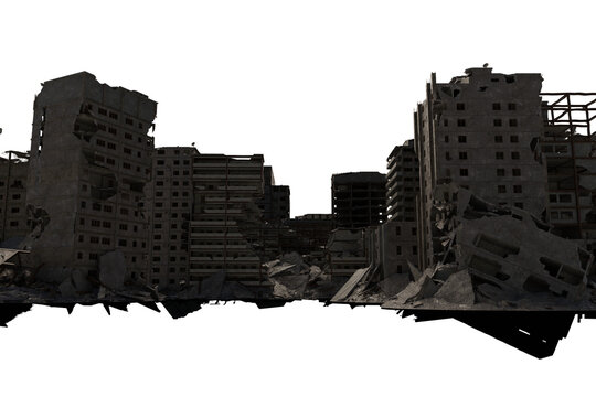 Ruined buildings in a war zone battlefield, city destruction after conflict
