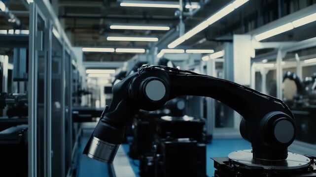 Industrial robot arm operating on a production line, optimizing manufacturing processes and productivity in a technologically advanced and efficient factory environment