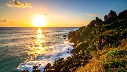 Fototapeta premium Seaside cliff at sunset, with waves crashing on rocks, golden light, blue ocean, and tropical vegetation