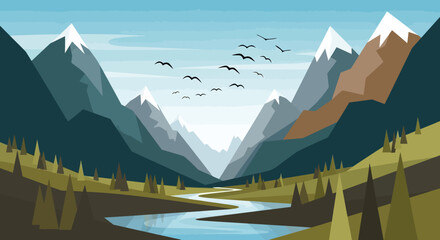 Majestic River Flowing Through a Serene Mountain Valley Landscape. © Ahyar