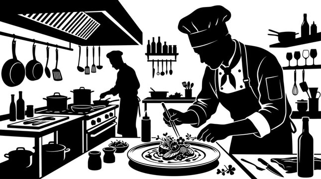 Chef plating dish in commercial kitchen