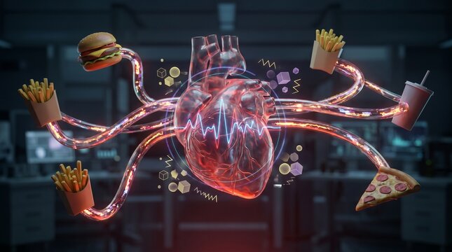 Heart with arteries made of glowing red tubes and fast food