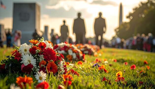 Memorial Day flowers and people walking.