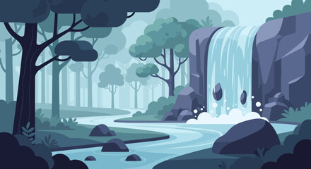 Lush Forest Landscape with Flowing River and Majestic Waterfall. © Ahyar