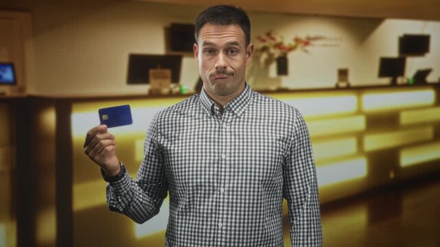Man in checkered shirt holding a creditcard up with one eyebrow raised at a reception desk inside a building; doubt money concern.