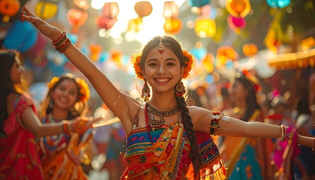 Indian woman dancing with colorful outfit.