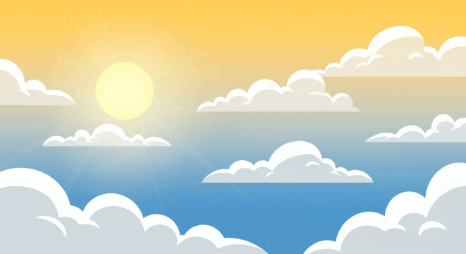 Bright Sun and Fluffy Clouds in a Clear Blue Sky.