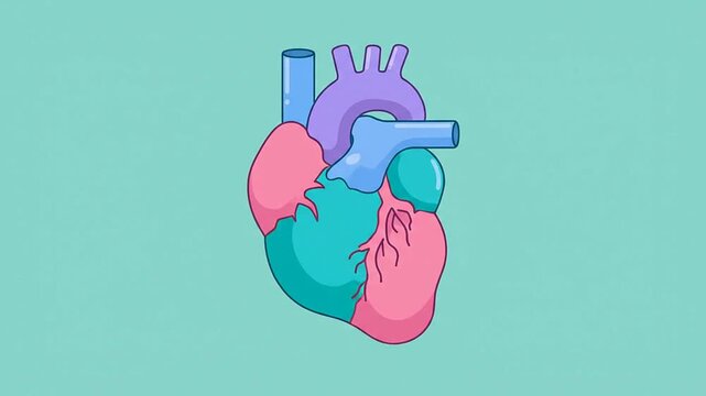 Colorful 2D Flat Design Animation Of Cardiac MRI Illustrating The Four Chambers Of The Heart Against A Vibrant Turquoise Background