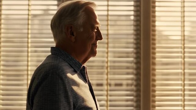 Senior man in a patterned shirt turns his head toward the window, basking in the warm glow of afternoon sunlight.