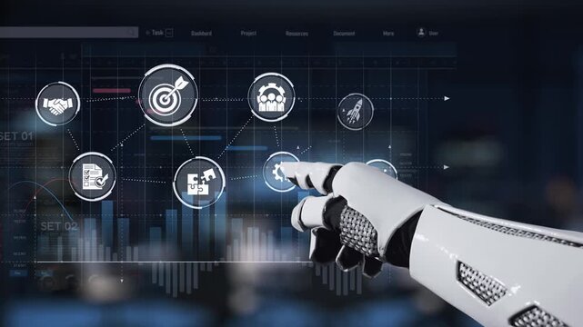 A robotic hand reaches out to engage with a sleek digital interface, featuring various symbols representing business strategies and technological advancements. Synapse
