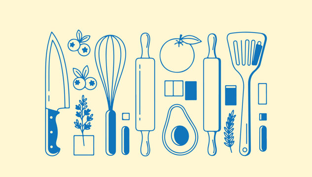 Abstract kitchen tools and healthy food pattern with geometric shapes and blue line icons.