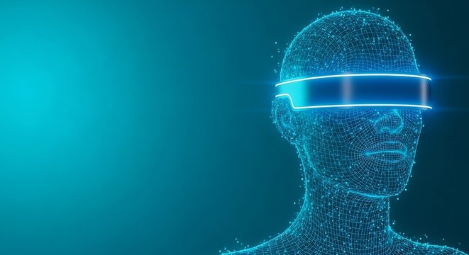 Futuristic human face, virtual reality, neon blue, digital avatar, glowing visor