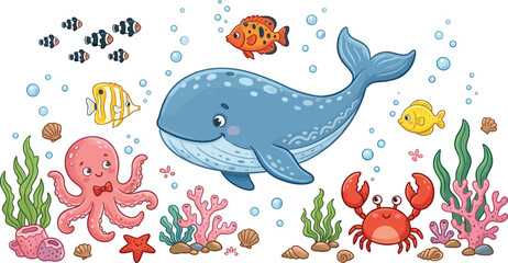 Fototapeta premium Adorable Underwater Sea Life Vector Scene Featuring a Large Blue Whale, Octopus, Crab, and Tropical Fish with Colorful Coral Reef for Children's Marine Illustrations