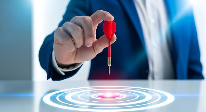 Businessman aiming dart at target, precision marketing concept, goal achievement, strategy planning