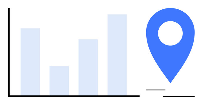 Data tracking, market analysis, location insights, performance monitoring, business growth, decision-making. Bar graph with blue geo pin location data analytics. Data tracking and market analysis
