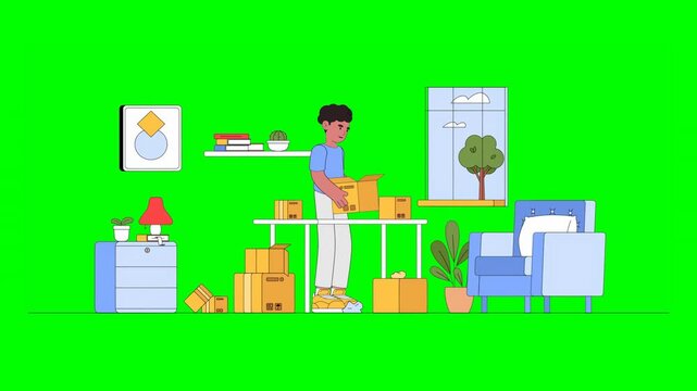 2D Cartoon Boy Unwrapping Numerous Parcel Boxes in Room Filled With Green Decor and Furniture on Green Background