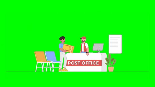 2D Animated Illustrated Boy in Casual Outfit Collecting Parcel From Post Office Clerk Surrounded by Chairs and Plant on Green Background