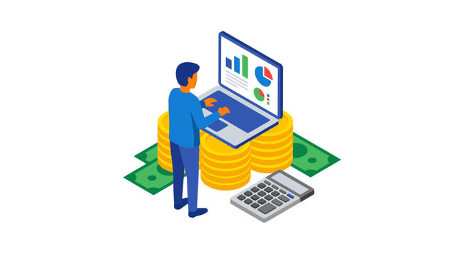 Man analyzing financial data on laptop with money stacks.