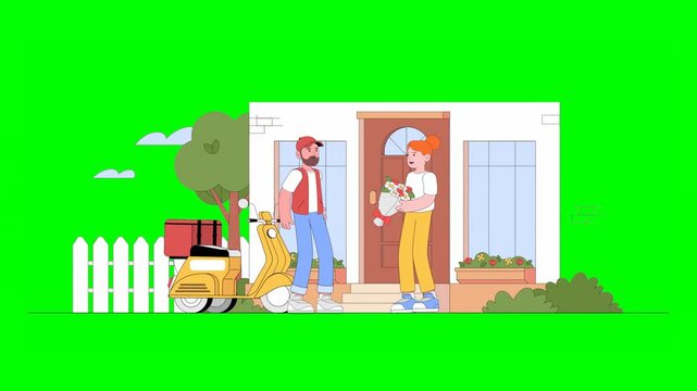 2D Animated Deliveryman Arriving on Moped Scooter to Deliver Flowers to Client Waiting at Front Door of House on Green Background