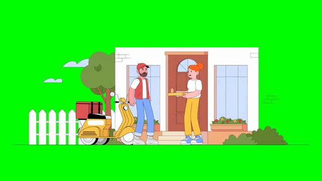 2D Animated Deliveryman Arriving on Moped Scooter to Deliver Pizza Box to Client Waiting at Front Door of House on Green Background