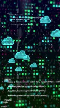 Vertical video: Pixel grid pulsing, clouds emerging and linking, code scrolling, showing data